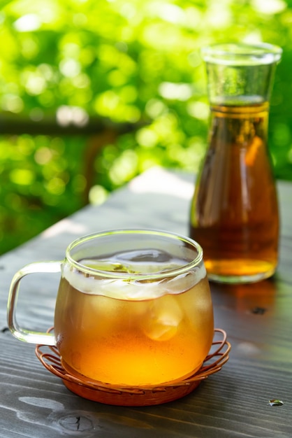 Close-up of drink in glass jar on table