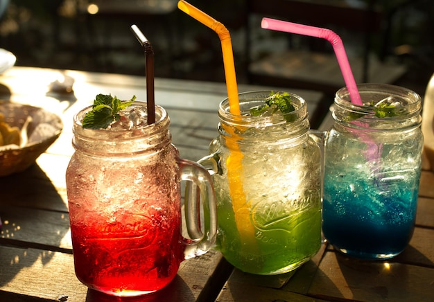 Close-up of drinks served on table