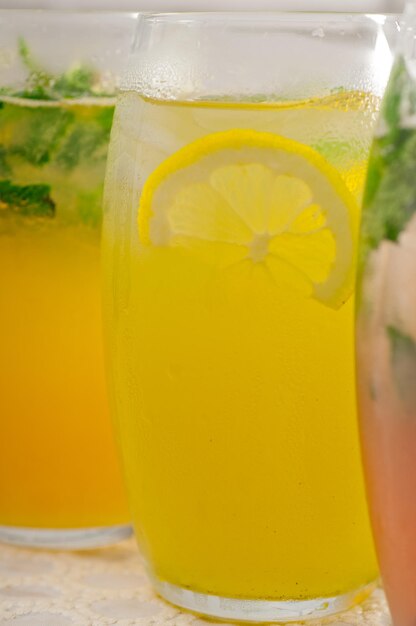 Close-up of drinks served on table