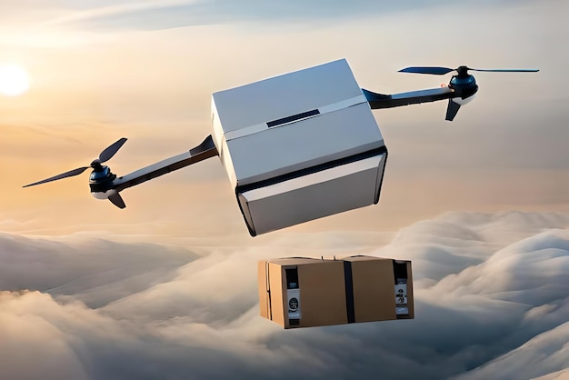 Foto un drone che trasporta una scatola di cartone vola velocemente sulla nuvola 3d