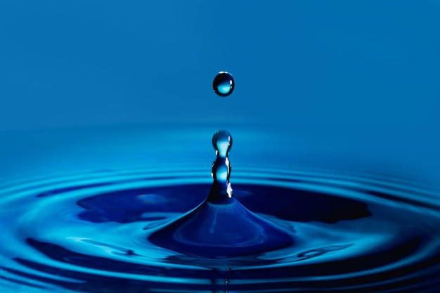 Close-up of drop falling on blue water surface