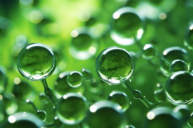 a close up of drops of water on a green backgroundSmooth water surface and bubbles on green backgrou