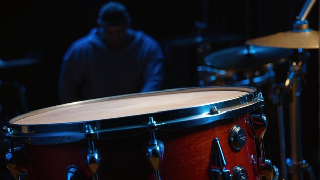 Photo close up of a drum set in dim light