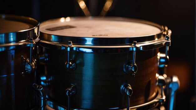 Photo close up of a drum set in dim light