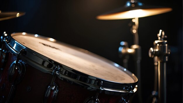 Photo close up of a drum set in dim light