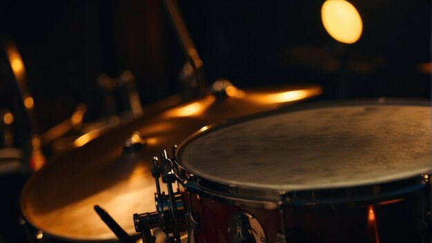 Close up of a drum set in dim light