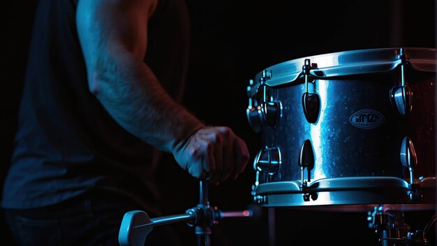 Photo close up of a drum set in dim light