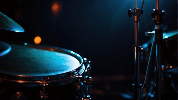 Photo close up of a drum set in dim light