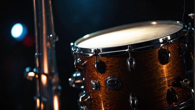 Photo close up of a drum set in dim light