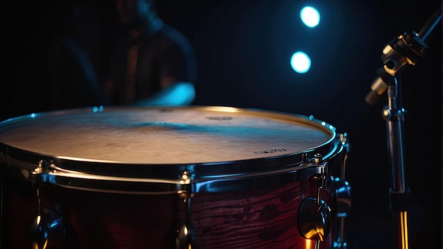 Photo close up of a drum set in dim light