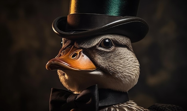 A close up of a duck wearing a top hat