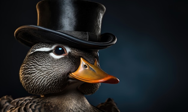 A close up of a duck wearing a top hat