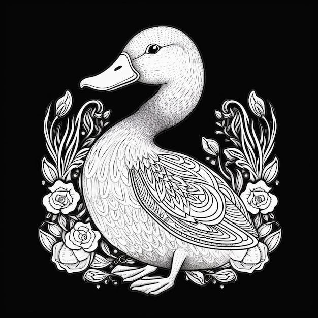 Photo a close up of a duck with flowers on a black background generative ai
