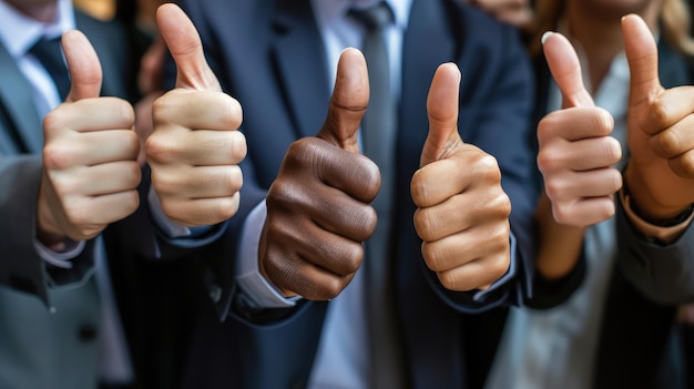 Foto close-up duim omhoog hand of teken voor succes steun of vertrouwen diverse groep of team van zakenlieden vrouwen of collega's die duim laten zien als dank of goedkeuring voor idee plan strategie of goed nieuws