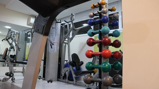 Close-up of dumbbells in gym