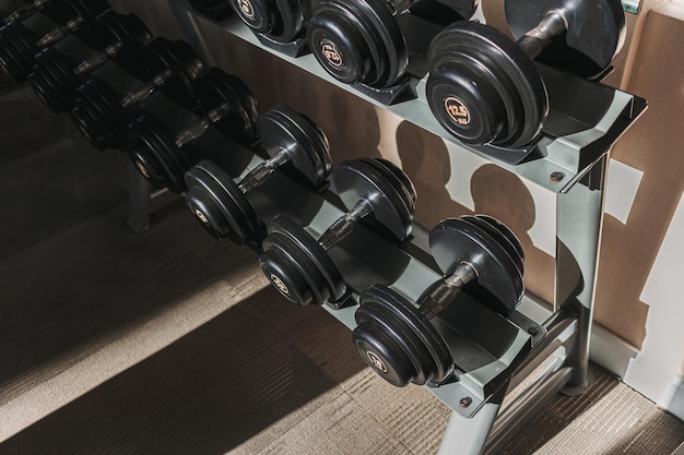 Close-up of dumbbells in gym