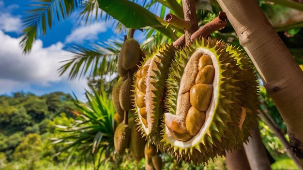 Photo close up of durain on the tree thailand fruits concept