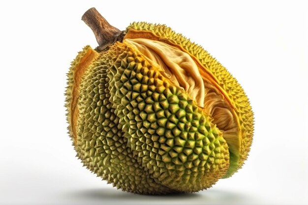 A close up of a durian fruit with the top half showing the durian.