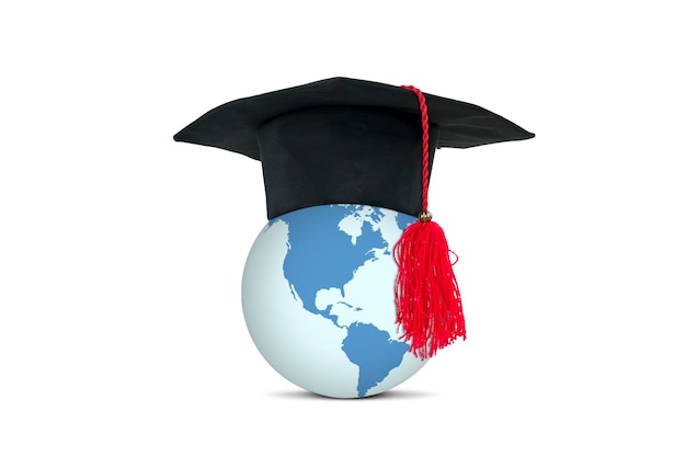 Close up of earth planet wearing graduation hat