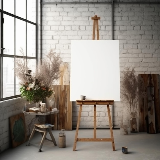 Photo a close up of a easel with a painting on it in a room generative ai