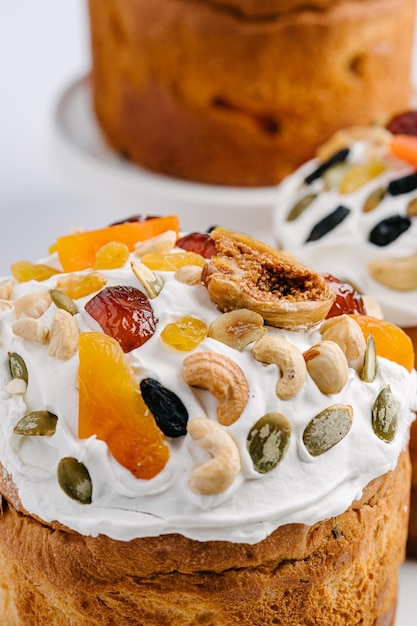 Close up Easter cakes with nuts and dried fruits White background