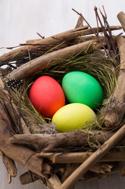 Close up on Easter eggs in beautiful nest