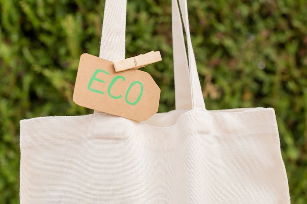 Photo close-up eco sign on reusable bag