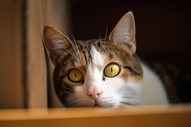 Close-up Een bruine en witte kat met gele ogen ligt opgerold op een houten kist Generatieve AI