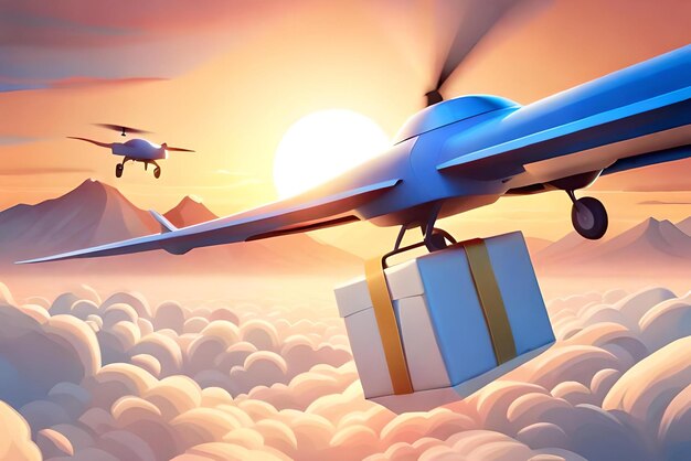 Close up Een drone met een kartonnen bezorgdoos vliegt snel op de wolk 3d