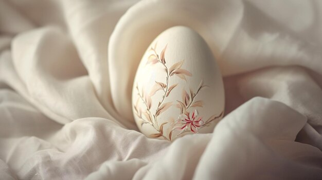 a close up of an egg on a bed