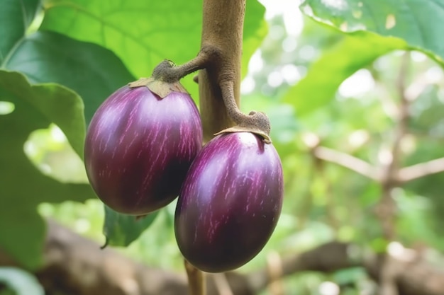 Close up of Eggplants on nature background with copy space Healthy vegan vegetarian food concept