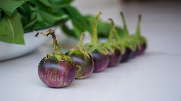 Close up of eggplants on the table