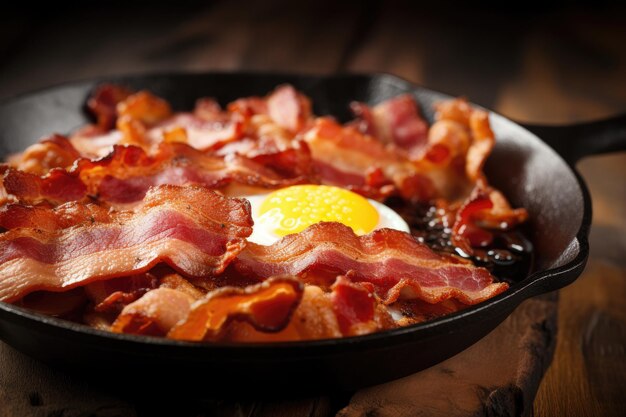 Close up of eggs and bacon frying on table