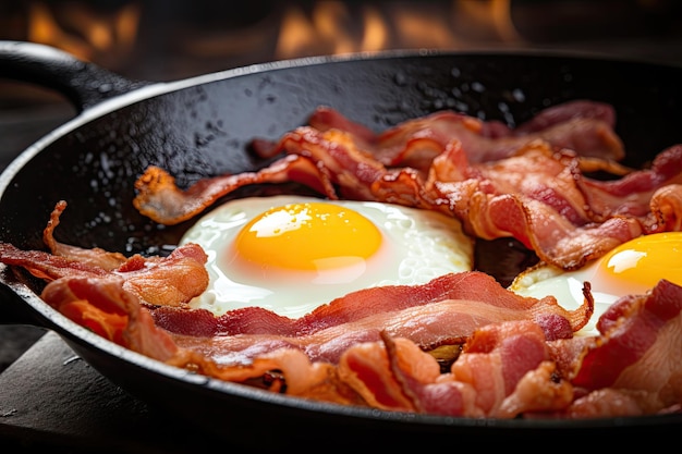 Close up of eggs and bacon frying on table