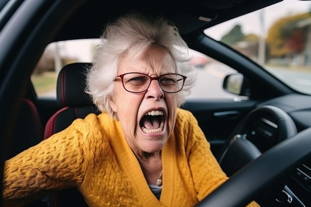 写真 交通渋滞で車を運転中に怒る年配の女性の接写、彼女はよく怒って叫んでいる