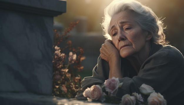 Close up of elderly woman in grief near the grave