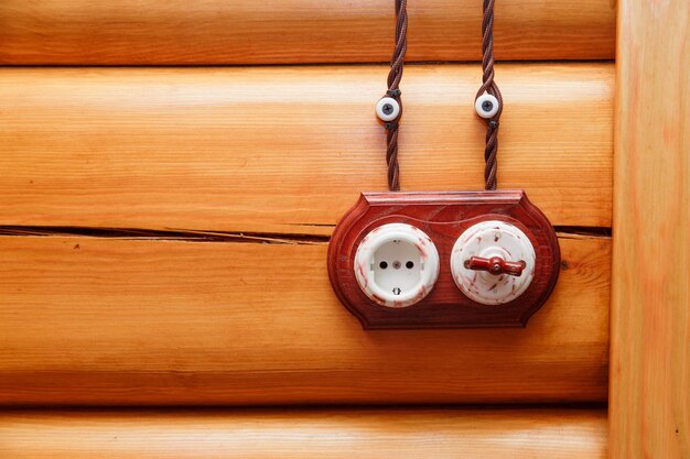 Close-up of electric lamp hanging on wood