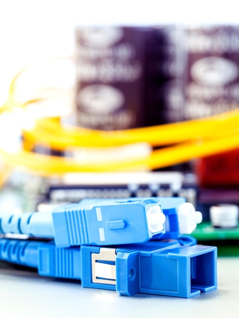 Photo close-up of electrical components over white background