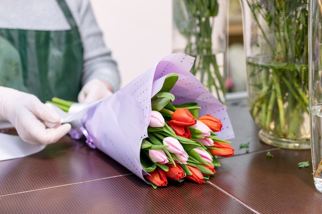 Close-up elegant bouquet with tulips