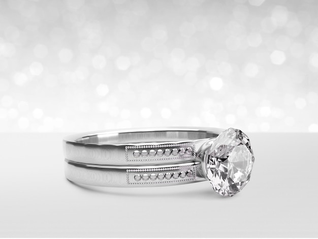 Close up of elegant diamond ring on white shining bokeh background concept for chossing best diamond gem design 3d render