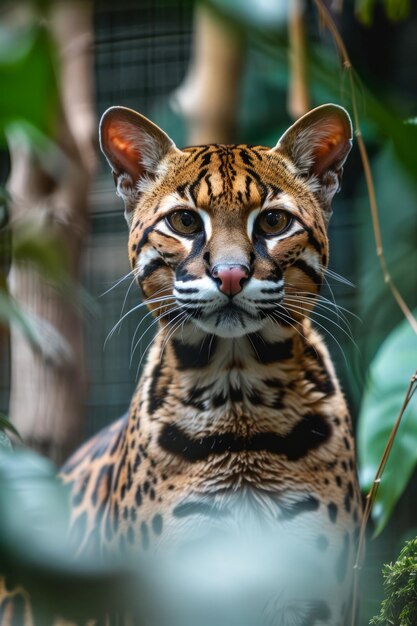 Close Up of an Elegant Ocelot in Natural Habitat Surrounded by Lush Greenery Captivating Wild Cat