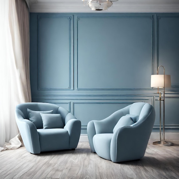 Close up of elegant two ice blue fluffy armchair view