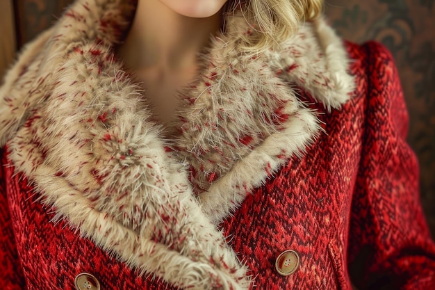 Close up of Elegant Woman in Red Patterned Coat with Luxurious Fur Collar on Vintage Background in