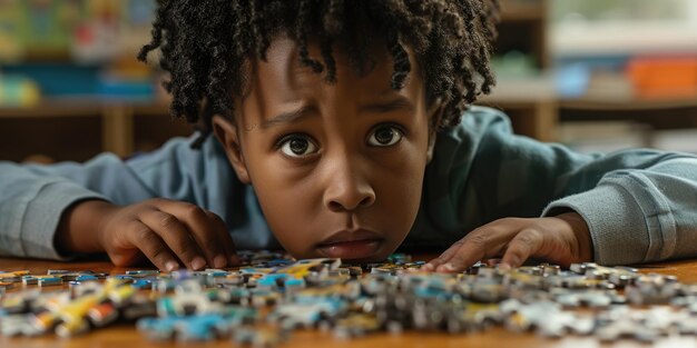 Photo close up of elementary student looking jigsaw while looking at camera aig