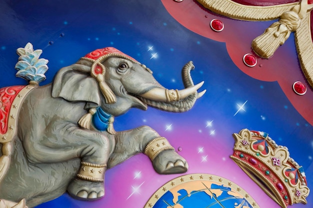 Close up of an elephant decorate a circus caravan