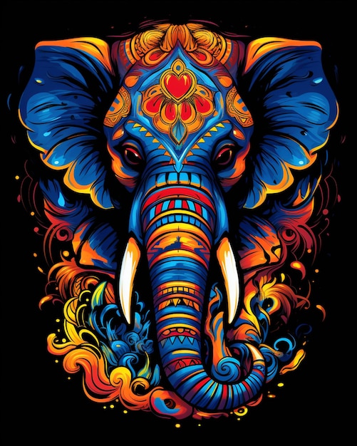 A close up of an elephant with a colorful design on its head generative ai