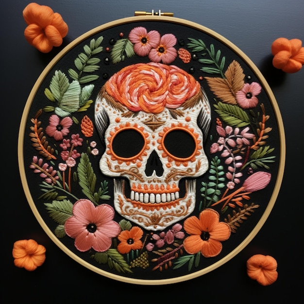 a close up of a embroidery with a skull and flowers generative ai