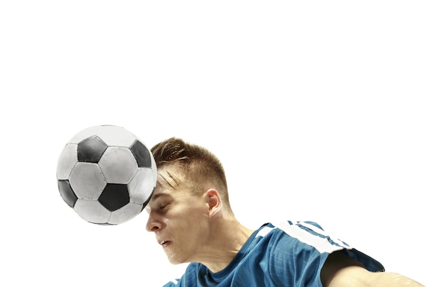 Close up of emotional man playing soccer hitting the ball with the head on isolated white background