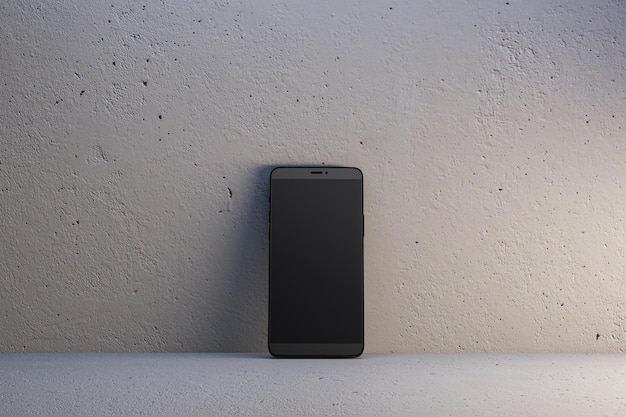 Close up of empty black smartphone on light wall background Mobile app concept 3D Rendering