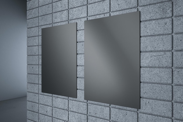 Close up of empty black underground banner on concrete tile wall on hallway background 3D Rendering